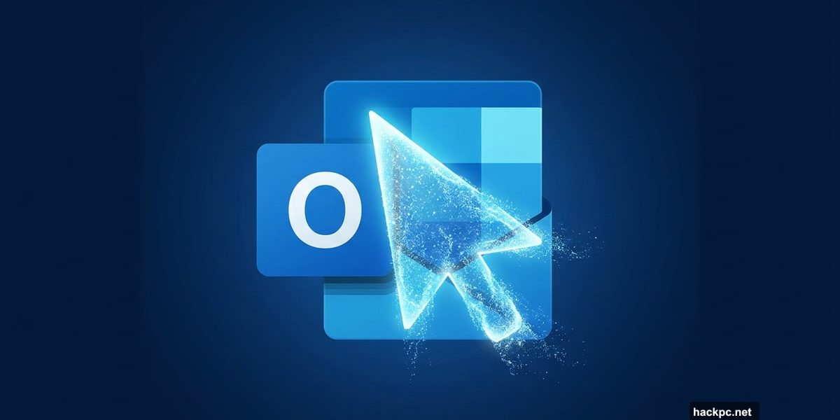 A fading computer mouse cursor over a blue Outlook email envelope.