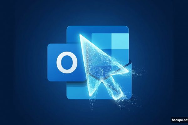 A fading computer mouse cursor over a blue Outlook email envelope.