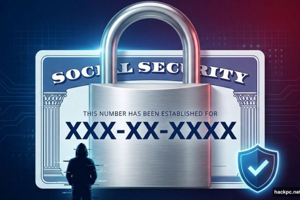 Social Security card protected by large padlock blocking scammers