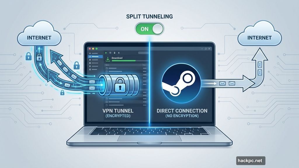 Split tunneling torrented privately while downloading Steam games outside encrypted tunnel