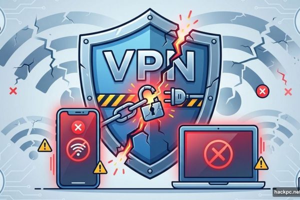VPN shield with broken connection symbols and disconnected devices illustration