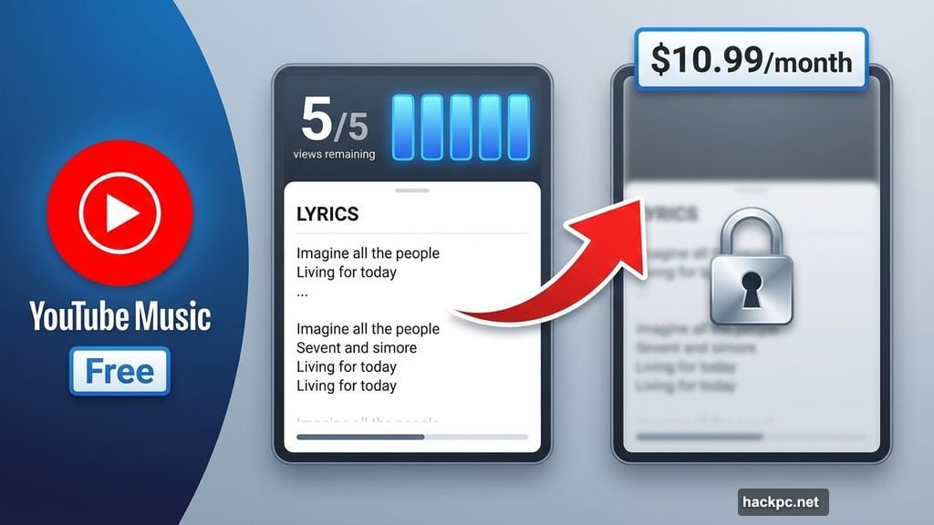 Free users get five songs then lyrics disappear behind paywall
