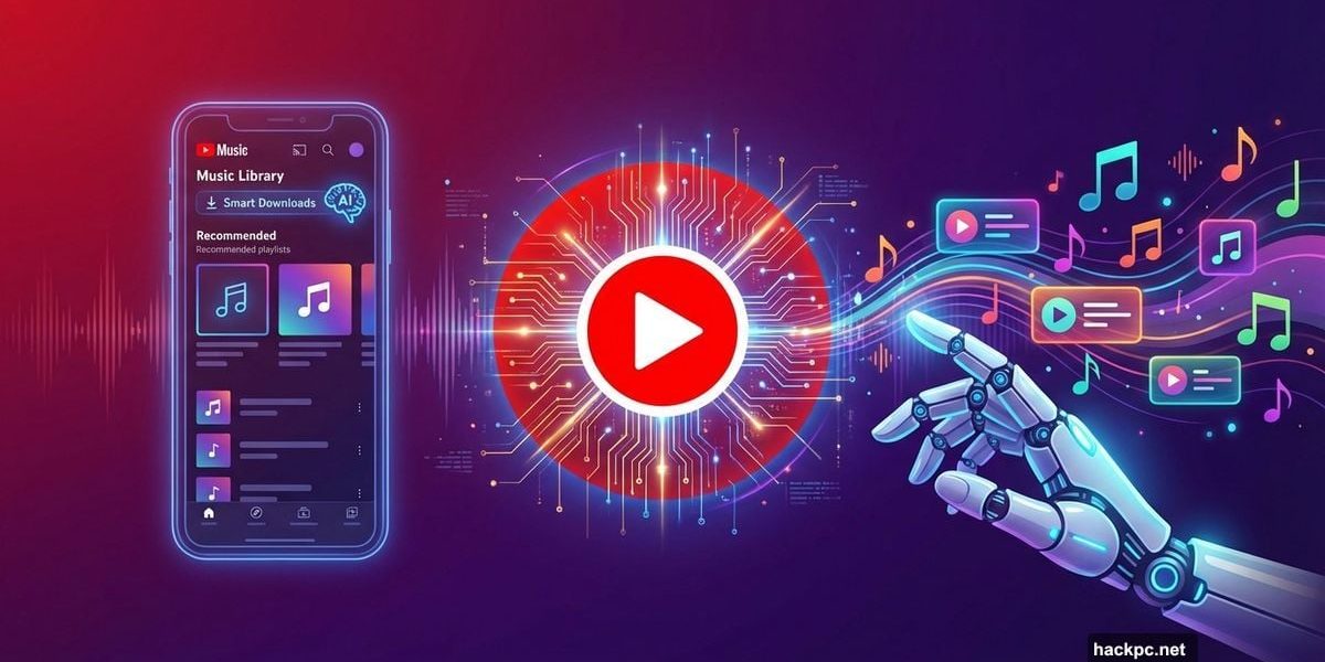 YouTube Music logo with AI circuitry creating personalized playlist icons
