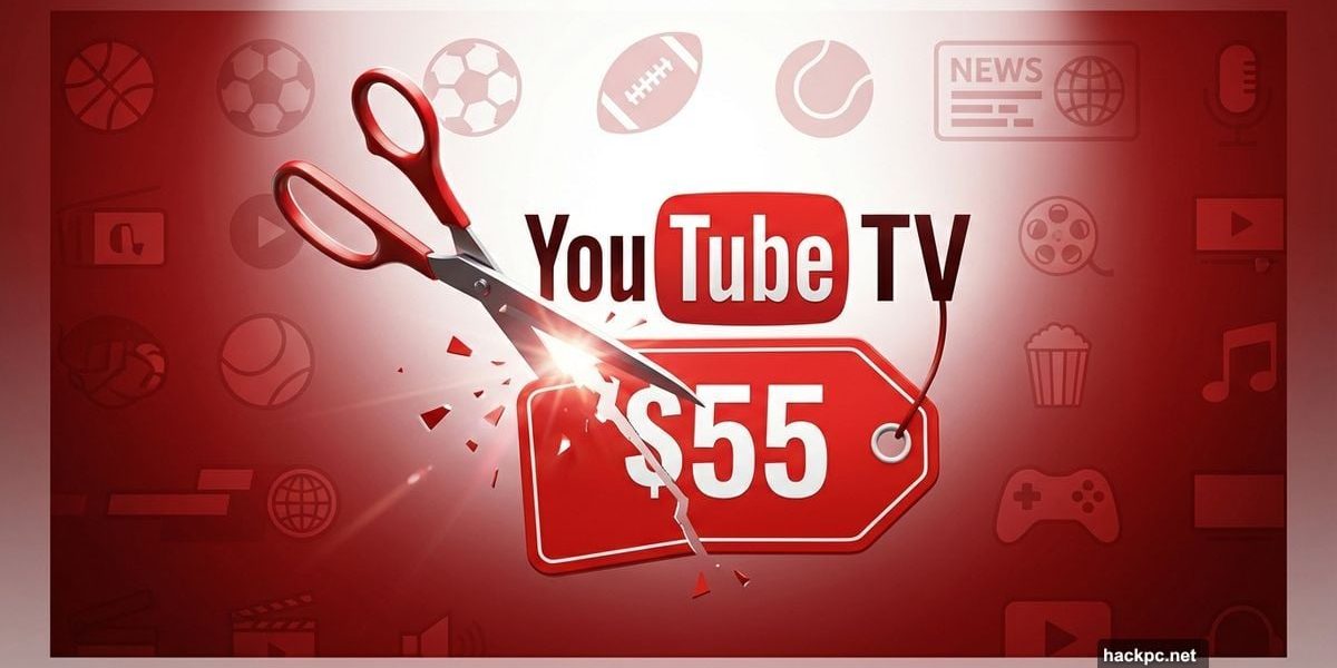 YouTube TV logo with $55 price tag being cut by scissors