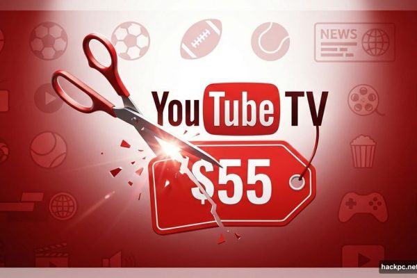 YouTube TV logo with $55 price tag being cut by scissors