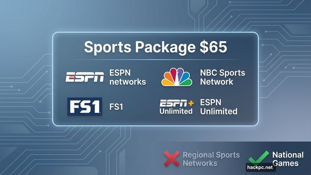 Sports package includes ESPN networks but excludes regional sports channels