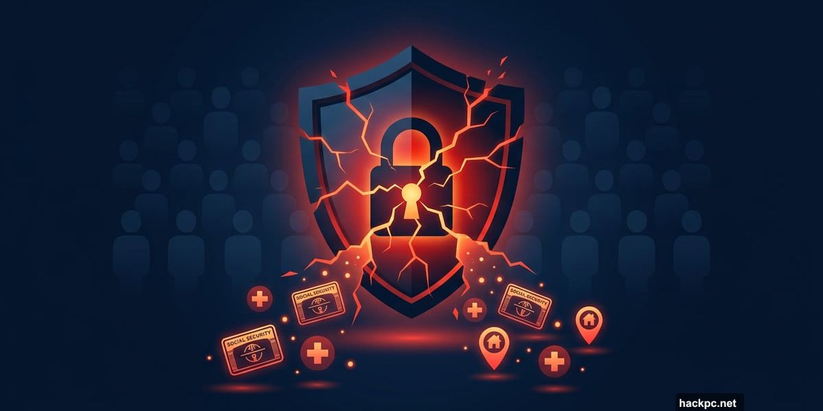 Cracked digital shield leaking personal data icons representing massive breach