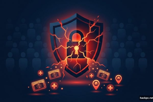 Cracked digital shield leaking personal data icons representing massive breach