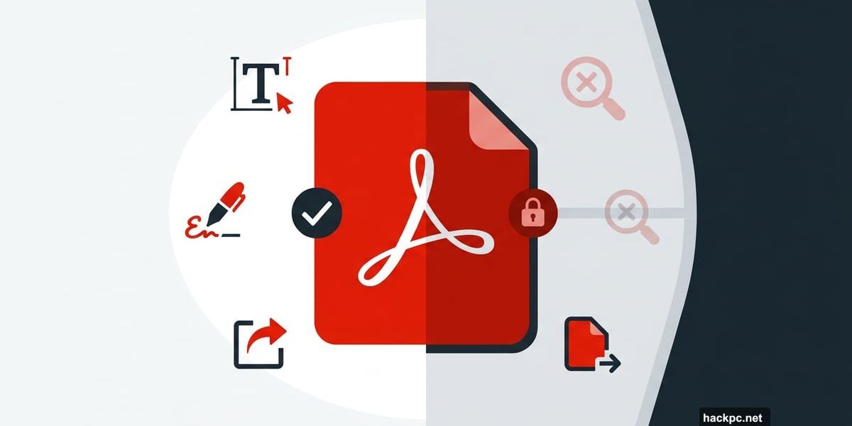 Adobe Acrobat Standard PDF icon split between features and limitations