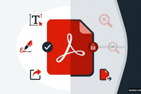 Adobe Acrobat Standard PDF icon split between features and limitations