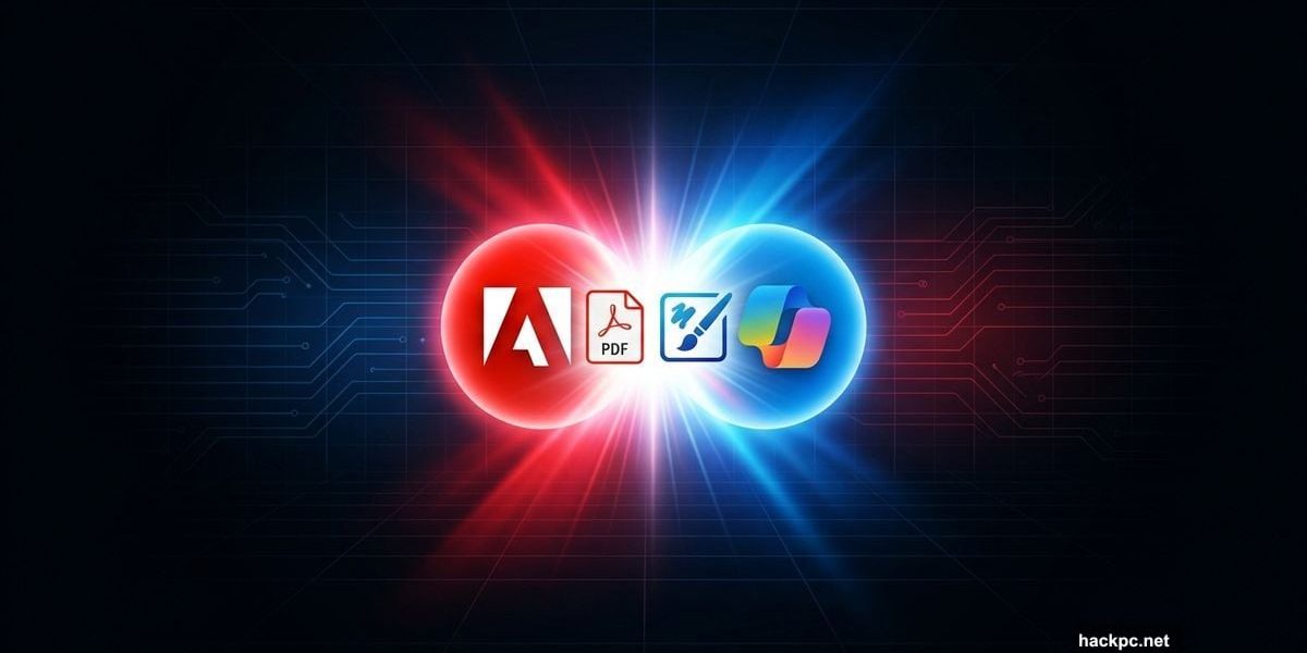 Adobe and Microsoft Copilot logos merging into unified creative workflow