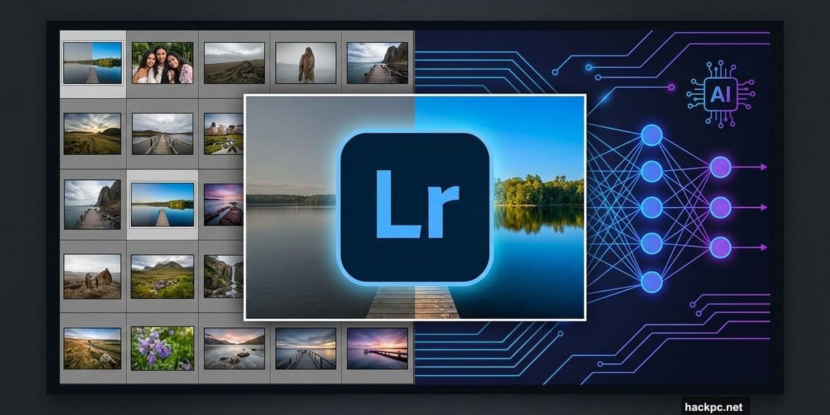 Adobe Lightroom Classic 2026 logo with AI-powered photo editing transformation