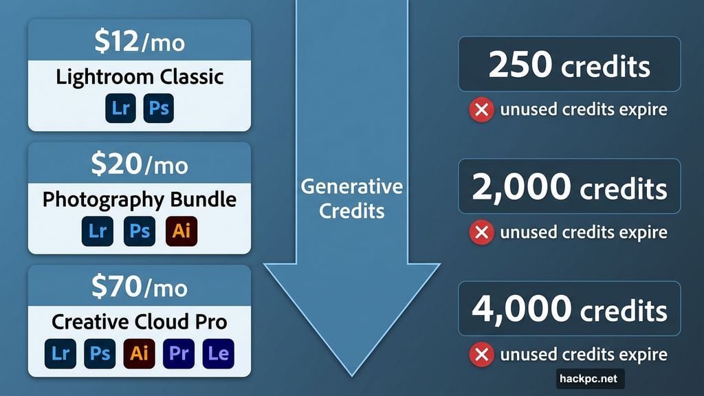 Lightroom Classic subscription tiers with Generative Credits monthly allocation