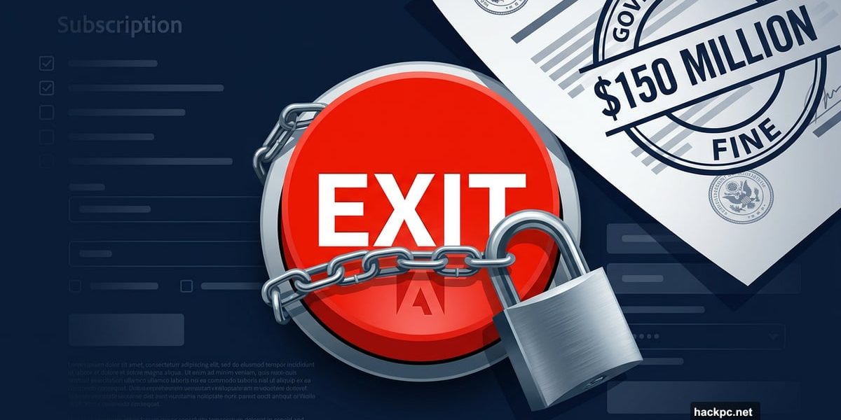 Padlocked cancel button with Adobe logo and $150 million settlement stamp