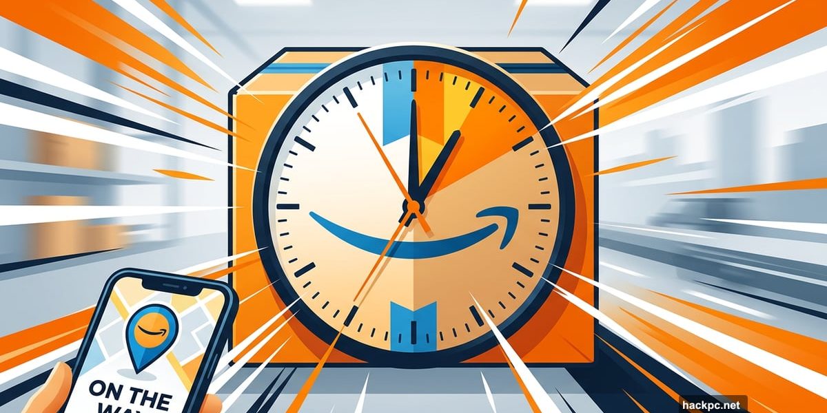 Amazon delivery box with clock showing one-hour fast delivery