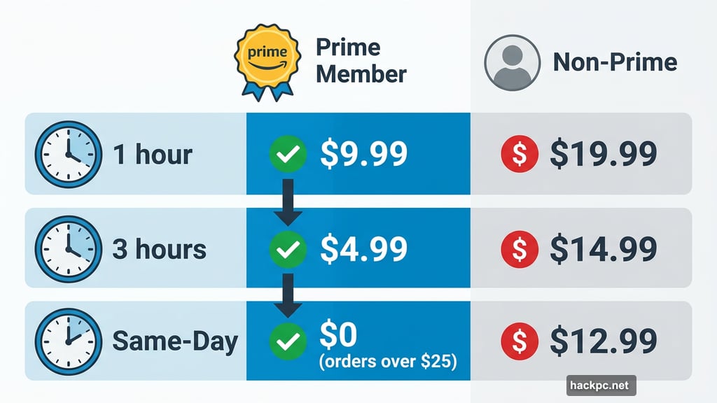 Amazon Prime vs non-Prime pricing for 1-hour and 3-hour delivery