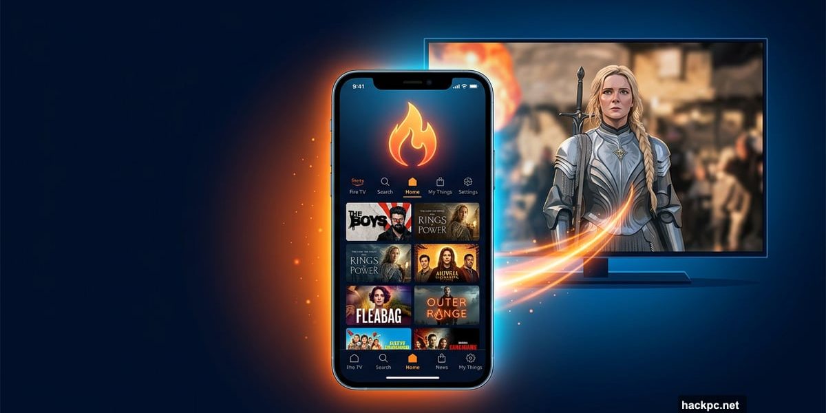 Smartphone displaying Fire TV app remotely controlling a streaming TV