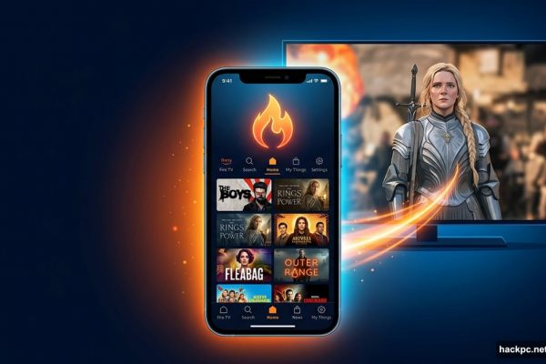 Smartphone displaying Fire TV app remotely controlling a streaming TV