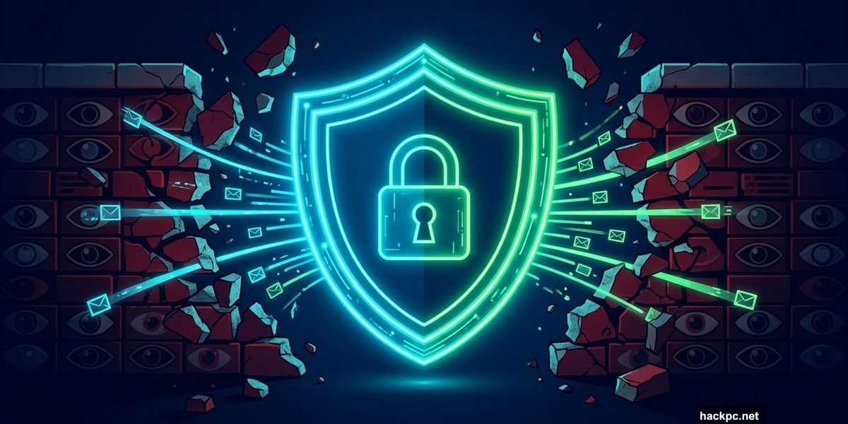 Glowing VPN shield breaking through government censorship firewall wall