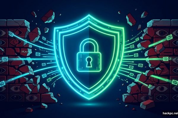 Glowing VPN shield breaking through government censorship firewall wall