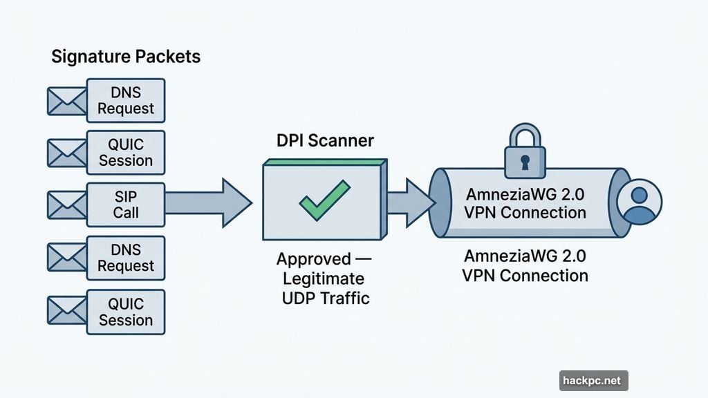 AmneziaWG 2.0 signature packets mimic legitimate UDP traffic bypassing DPI