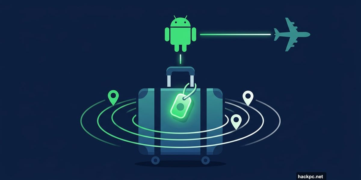 Android tracker tag glowing on suitcase connected to airline airplane
