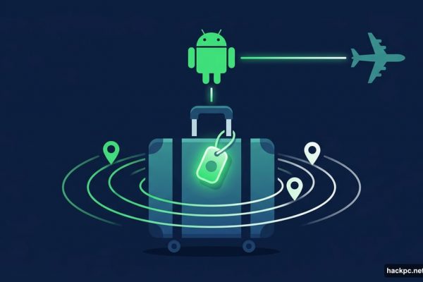 Android tracker tag glowing on suitcase connected to airline airplane