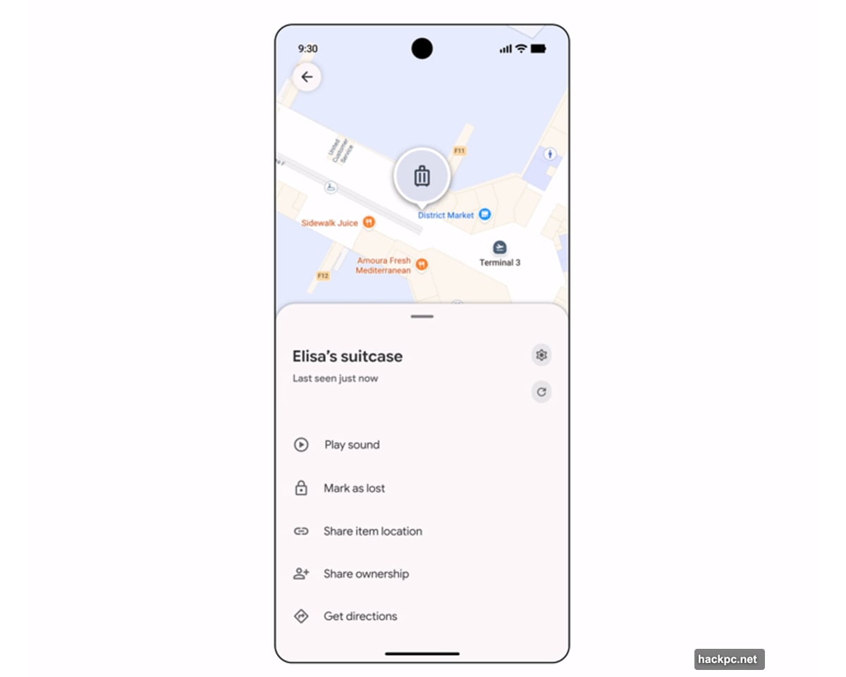 Find Hub tracker tag shares lost luggage location with airlines via secure link