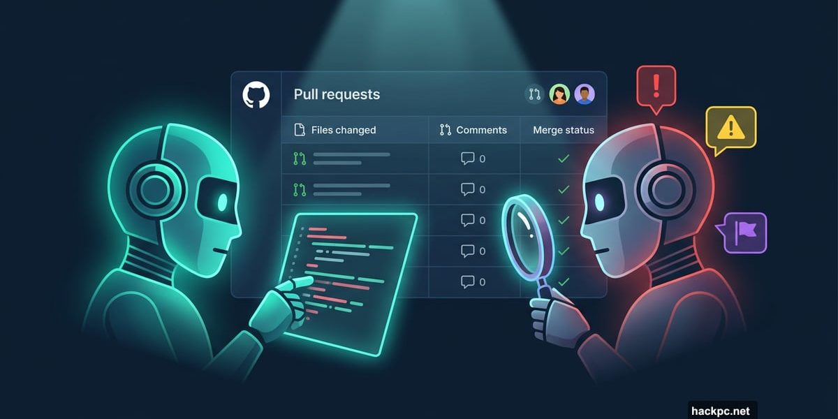 Two AI robots reviewing code with colored severity flags