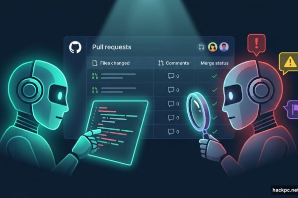 Two AI robots reviewing code with colored severity flags