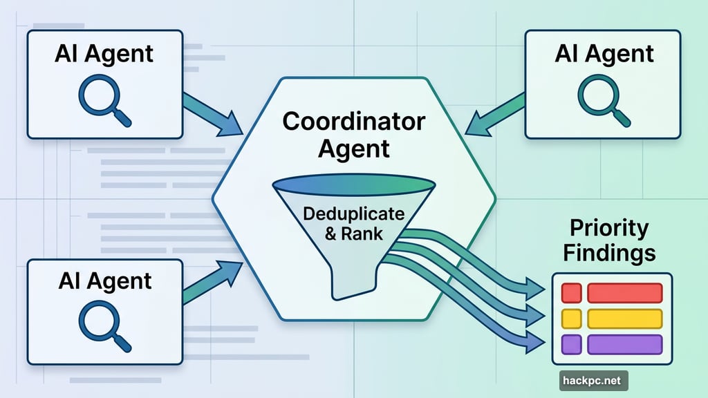 Multi-agent architecture runs parallel analysis then ranks priority findings