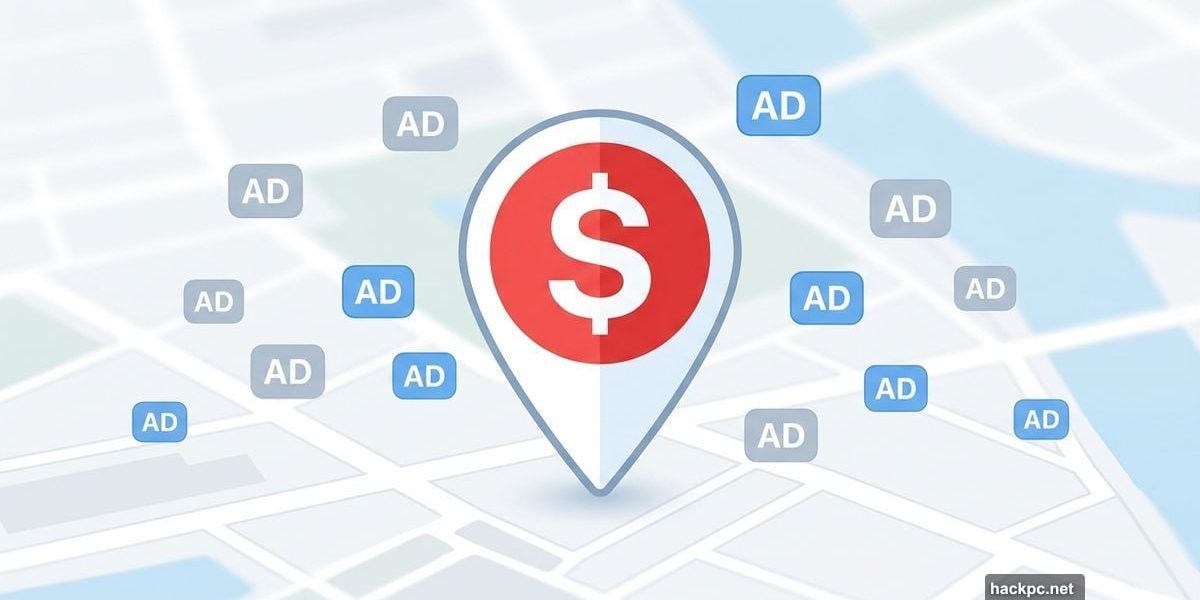 Apple Maps location pin icon merged with dollar sign showing ads