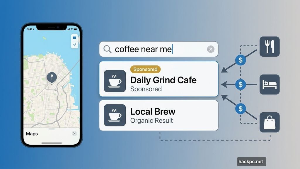 Sponsored result jumps to top of Apple Maps search list