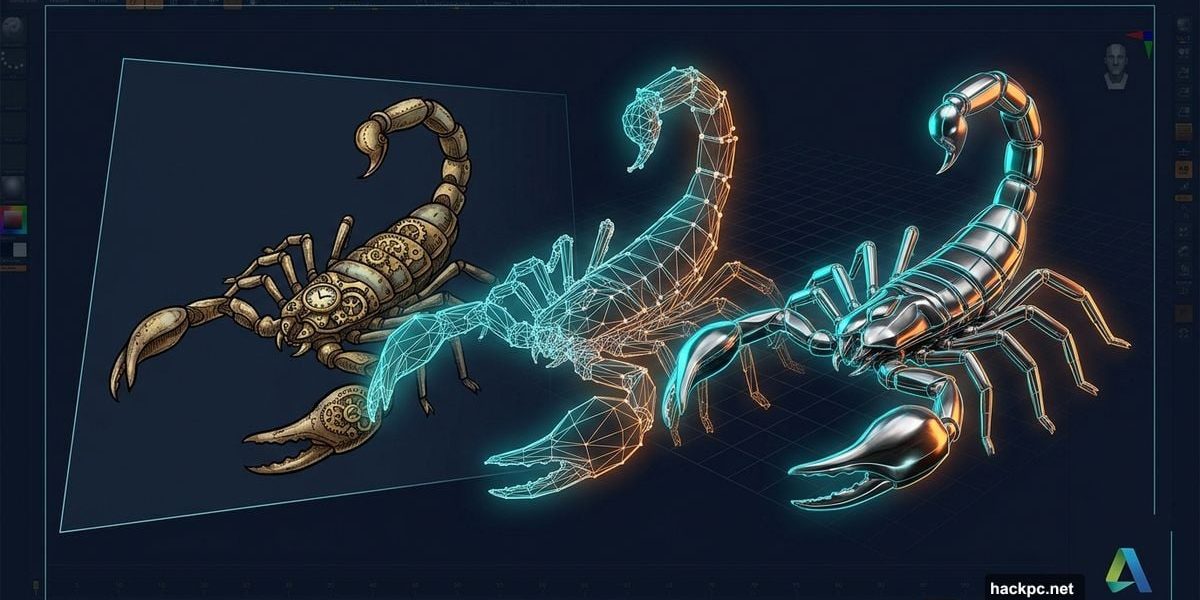 Steampunk scorpion transforming from 2D illustration into glowing 3D mesh model