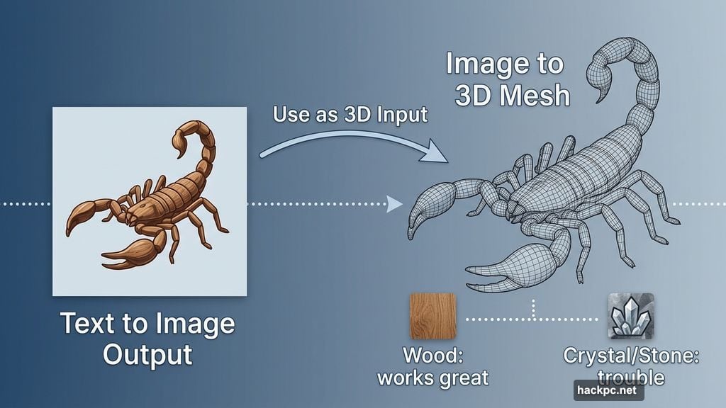 Image to 3D Mesh workflow converts scorpion image into polygon model