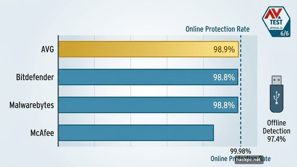 AVG antivirus malware detection rates compared to Bitdefender Malwarebytes McAfee
