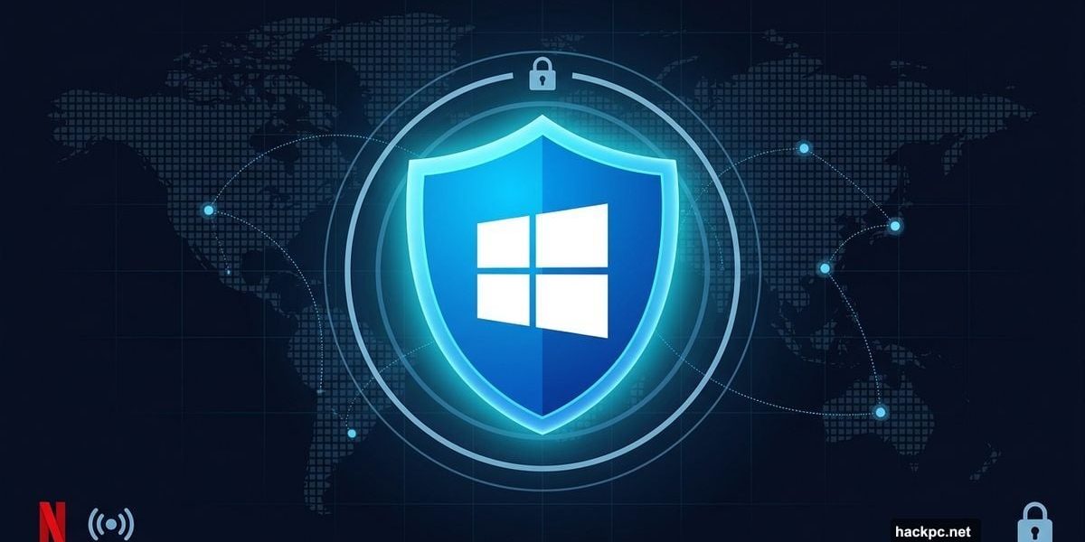 Glowing shield with Windows logo over global VPN server network