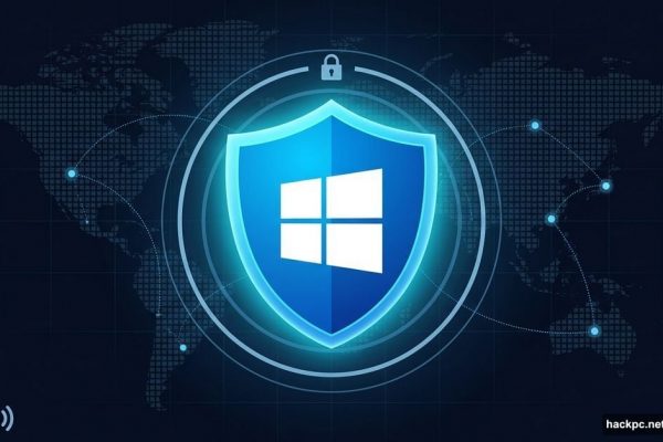 Glowing shield with Windows logo over global VPN server network