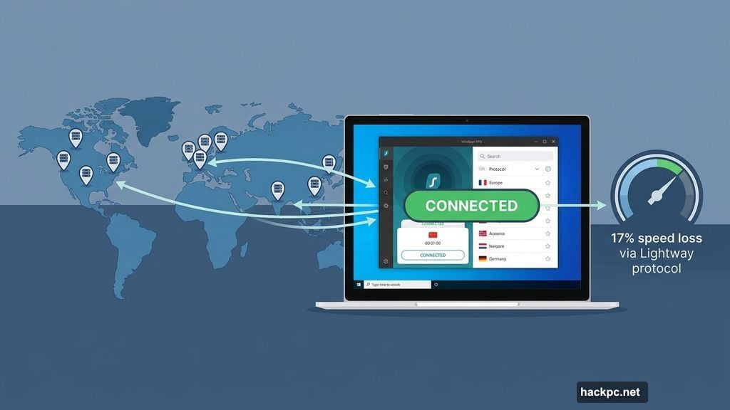 ExpressVPN Windows app connected via Lightway protocol with global servers
