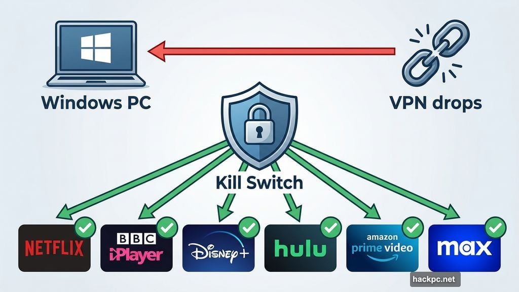VPN kill switch protects streaming access to Netflix BBC iPlayer Disney Plus