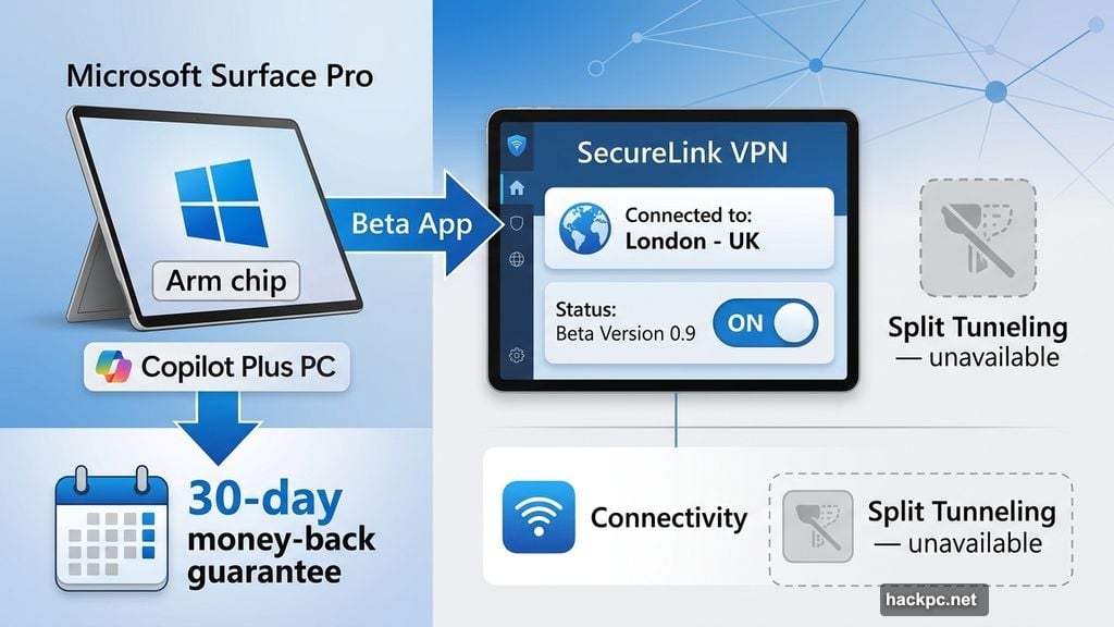 ExpressVPN Arm app on Microsoft Surface Pro with split tunneling unavailable