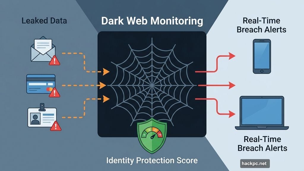 Dark web monitoring sends real-time breach alerts with identity protection score