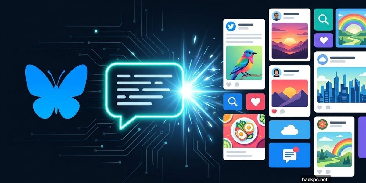 Bluesky butterfly logo with AI chat bubble building custom social feed