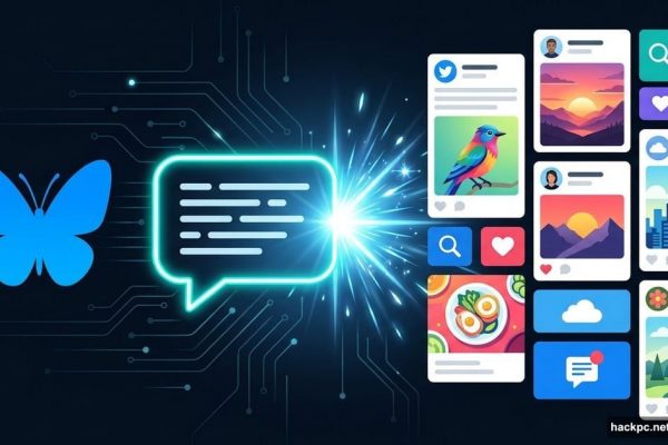 Bluesky butterfly logo with AI chat bubble building custom social feed