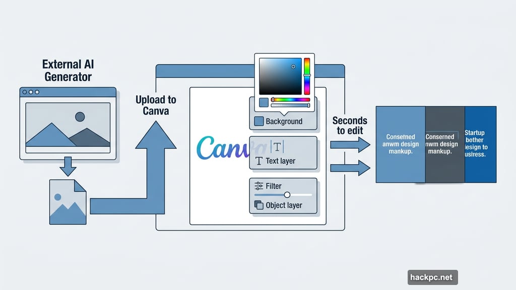 Canva workspace edits background color, text, and filters across layer panels