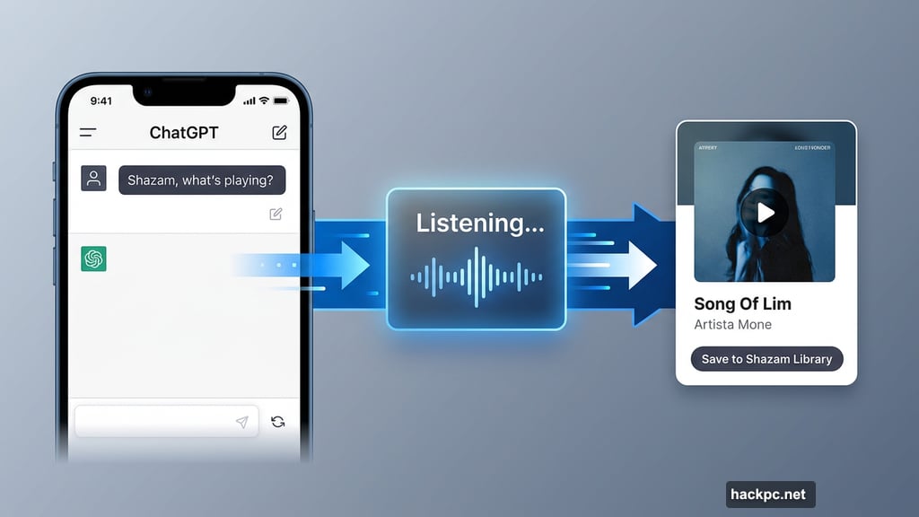 ChatGPT chat window displays Shazam song identification result with album artwork