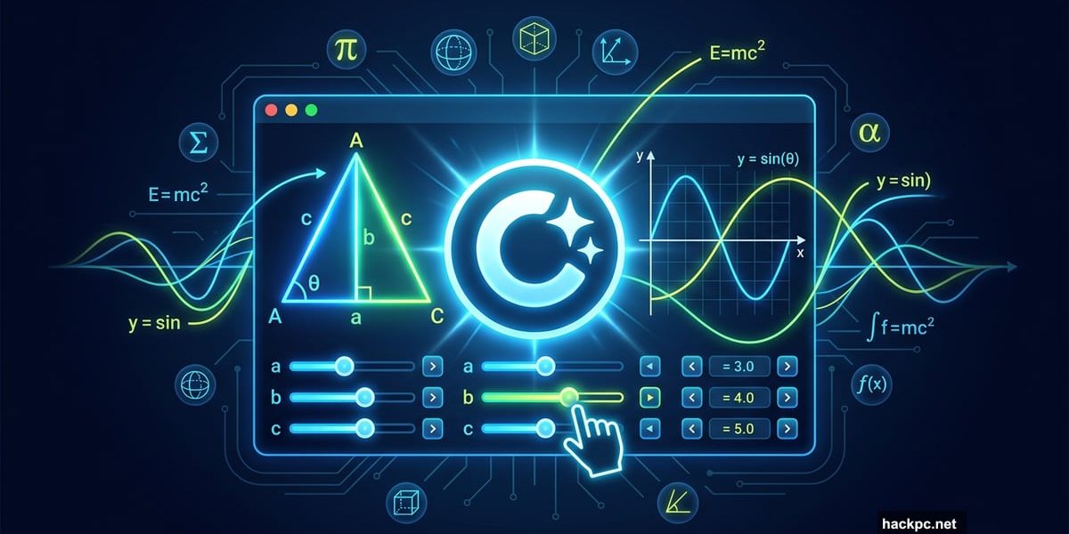 ChatGPT interactive math visuals with glowing sliders and geometric equations