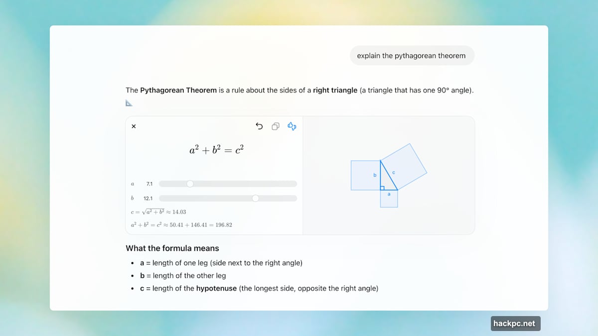 ChatGPT interactive visual lets users tweak Pythagorean theorem variables instantly