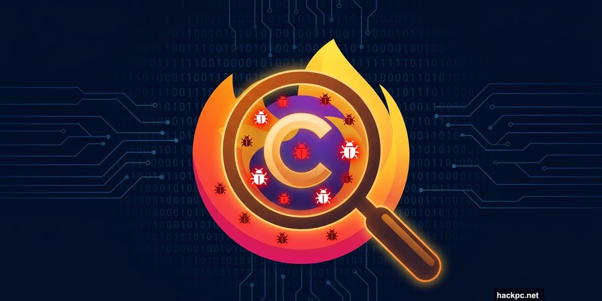 Claude AI magnifying glass scanning Firefox logo revealing security bugs