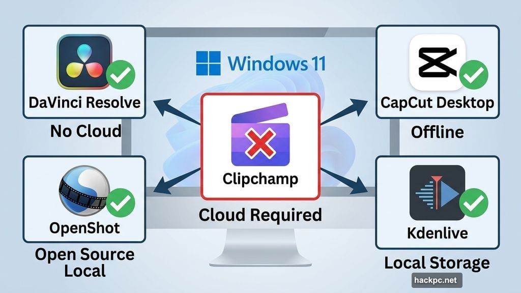 DaVinci Resolve CapCut OpenShot Kdenlive as local Clipchamp alternatives